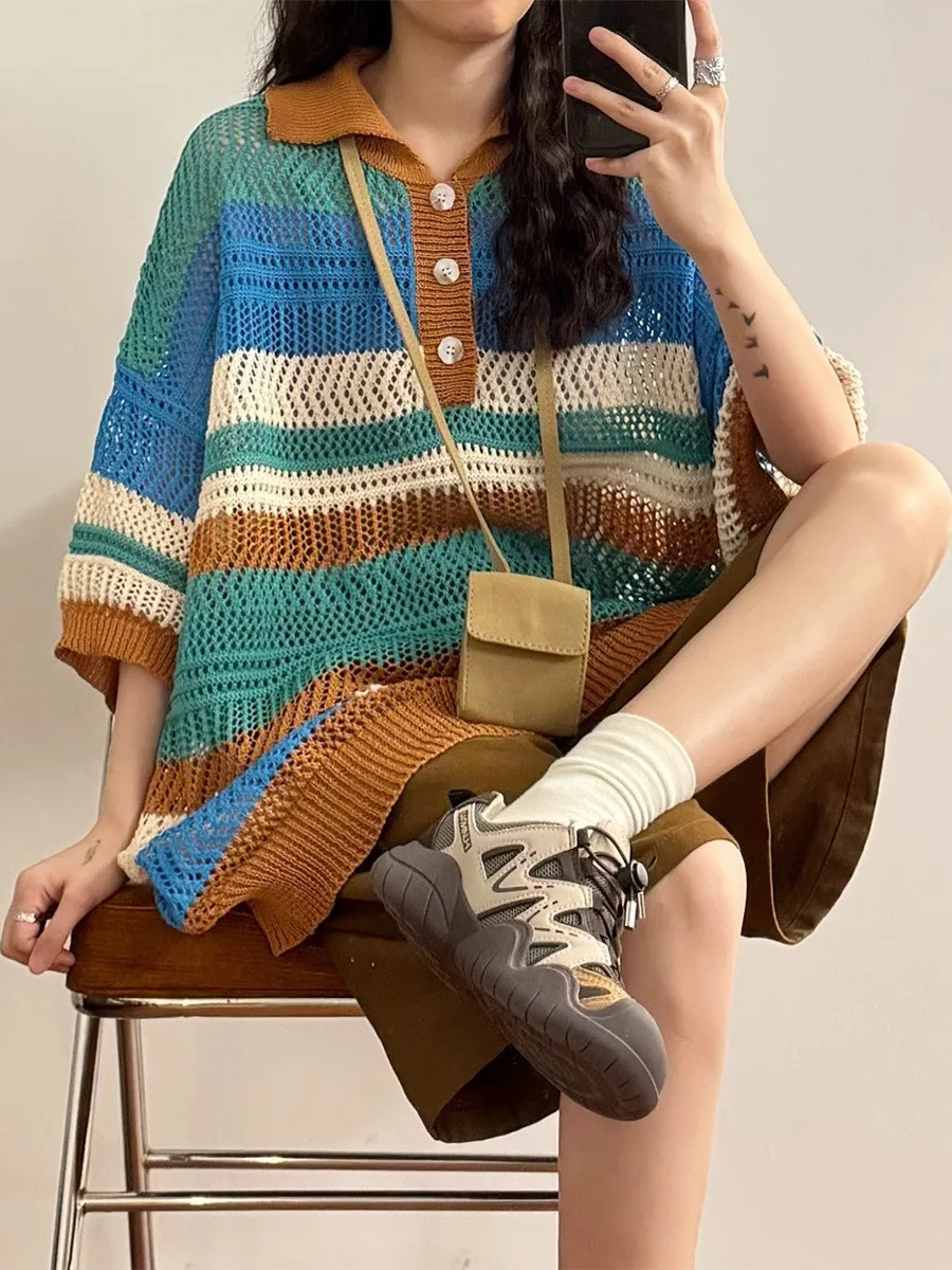 

Retro American Knitted irt Hollow out Loose Fit Summer Thin Fi Net Eye ort Sve T-irt Youth Casual Sle