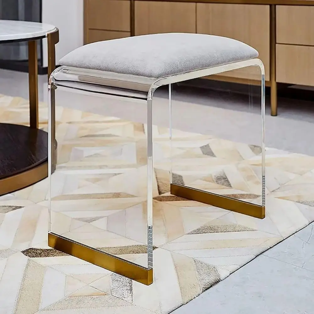 Gray Velvet Vanity Stool Chair, Acrylic Ottoman Makeup Chair or Vanity, Bedroom Clear and Gold Vanity Chair - Large (16.1 W x 11