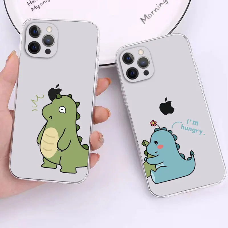 Cute Cartoon Animal Dinosaur Couple Phone Case For iPhone 15 14 13 Pro Max 12 11 Plus Mini Transparent Soft Shockproof Cover