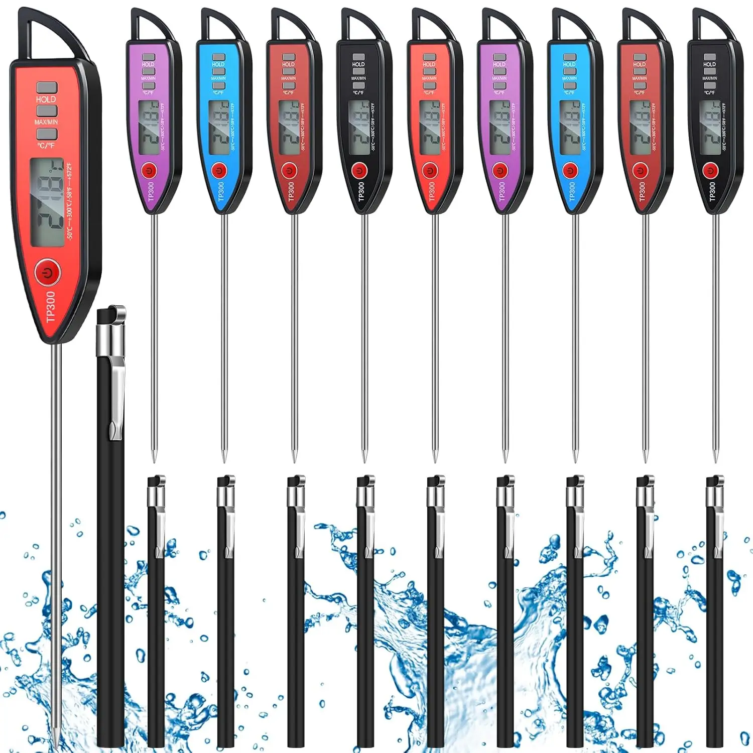 10 Set Waterproof Digital Food Thermometer with Long Probe for Cooking, BBQ, Candle, Candy – Instant Read Kitchen Tool (Black)