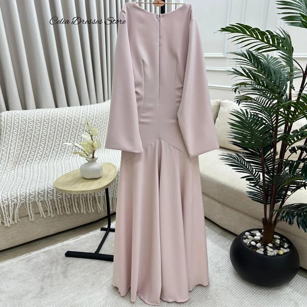 Elegant Pink A-Line Jersey Evening Dress Simple Square Neck Long Sleeves Customized Homecoming Dresses Crystal Celebrity Gowns