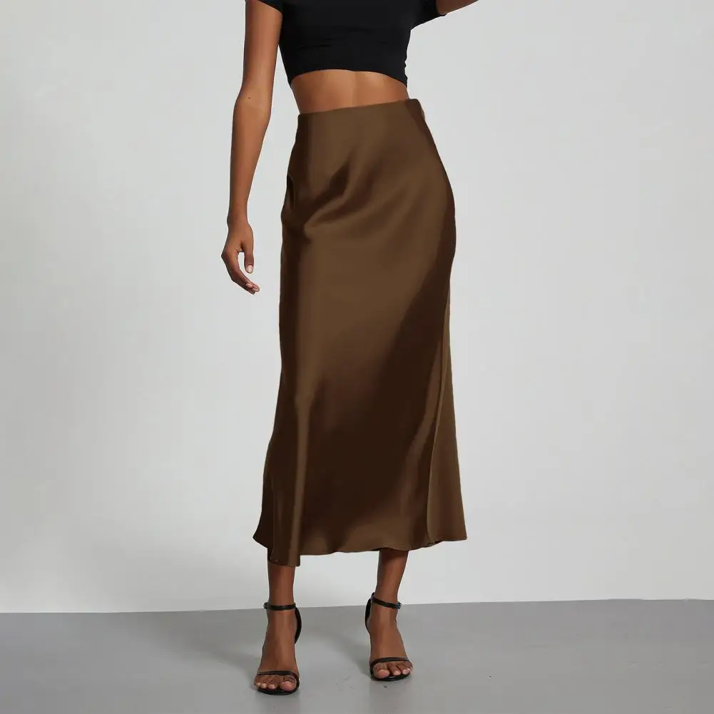 New In 2025 Spring Summer Solid Color Satin Long Skirt For Women High Waist Fashion Elegant Skirt