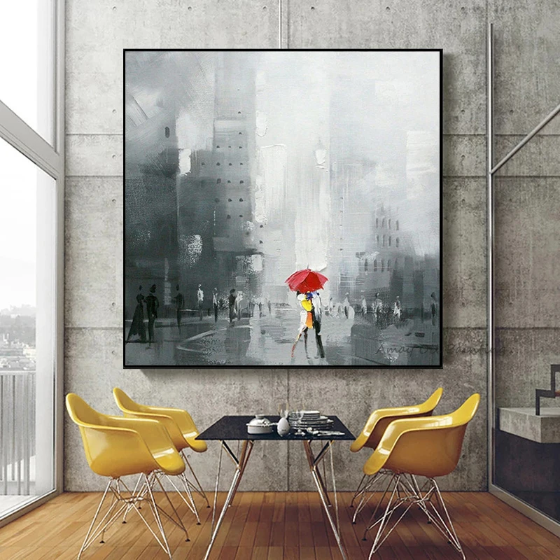 Handpainted Couples Under Streetlights Kissing in the Rain Oil Painting Canvas Wall art for Living Room Home Decoration