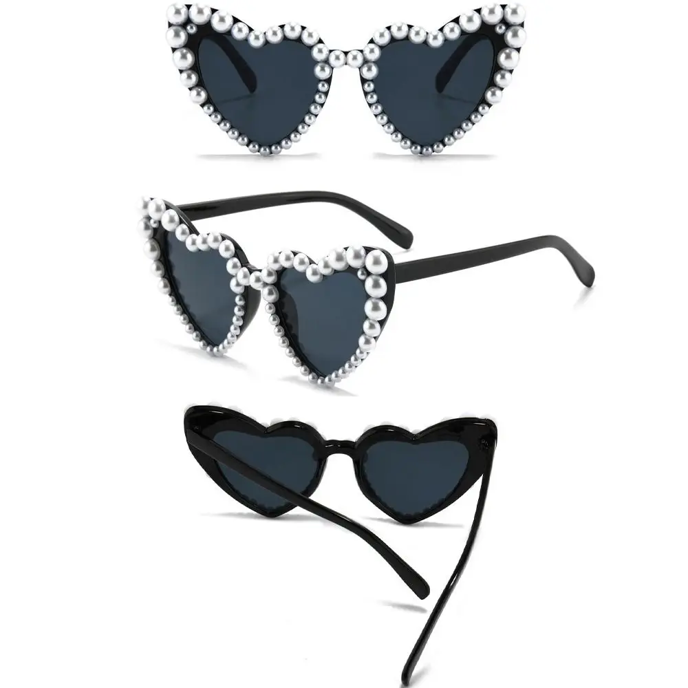 Heart-shaped Frame Pearl Decoration Sunglasses Travel Sun-Protective Bridal Glasses Black Shades Glasses Outdoor