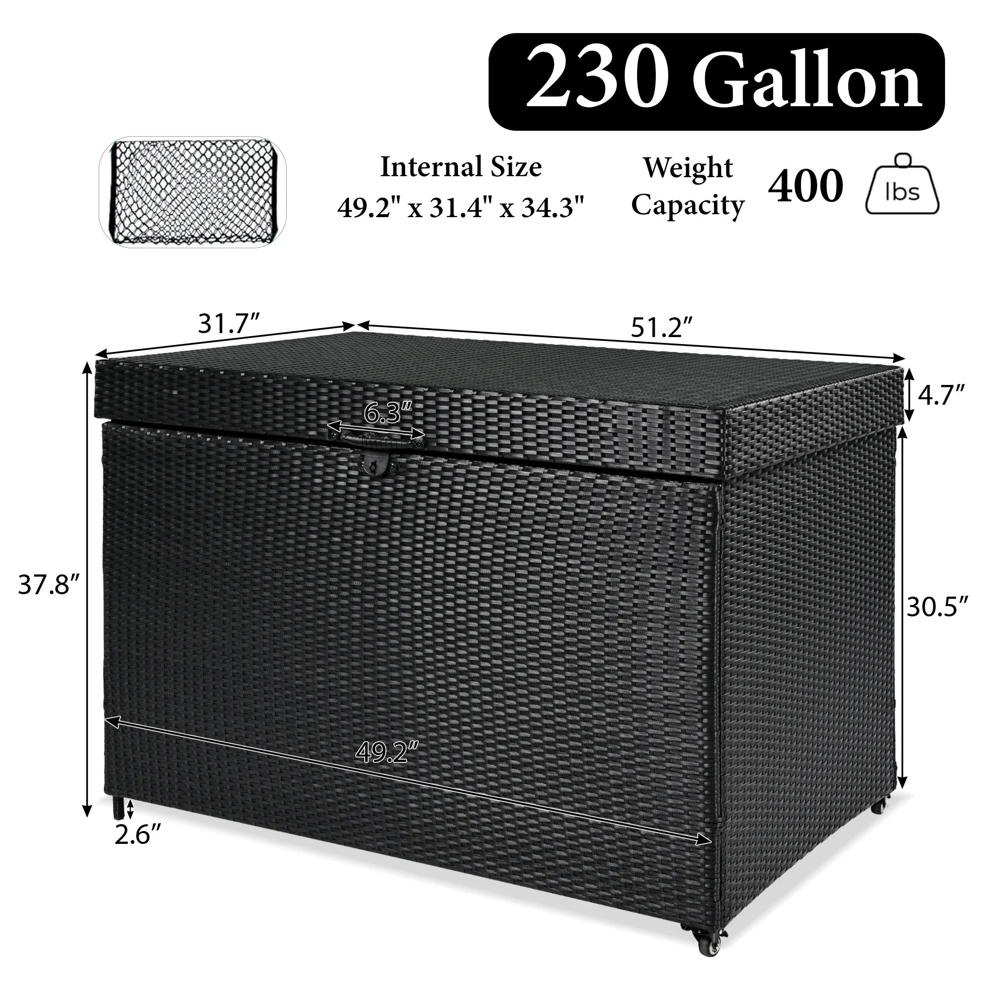 กล่องเก็บของกลางแจ้ง 230 แกลลอนพร้อมล้อ, ออแกไนเซอร์เครื่องมือหวาย, คอนเทนเนอร์สําหรับเฟอร์นิเจอร์ลานสระว่ายน้ําผู้จัดสวน