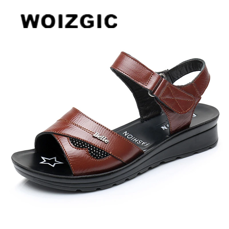 WOIZGIC Women Mother Old Female Sandals Shoes Cow Genuine Leather Casual PU Hook Loop Summer Beach Cool Size 35-41 HD-B01