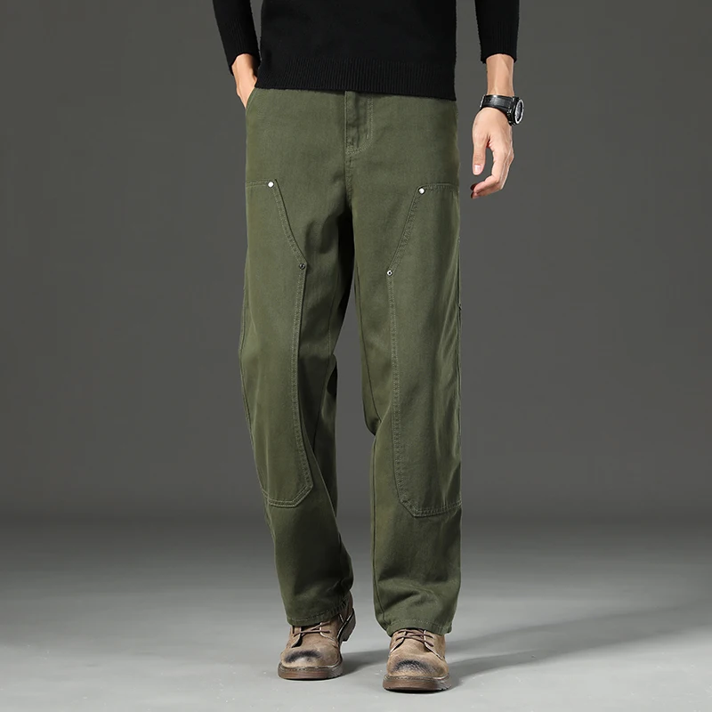 

High Quality Spring New Style Straight Loose Men's Casual Pants Rivet Splicing Safari Style Cotton Trousers Army Green Jeans