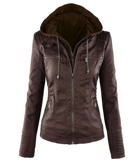 7XL Women Hooded Faux Leather Jacket Pu Motorcycle Hat Detachable Casual Leather Punk Outerwear