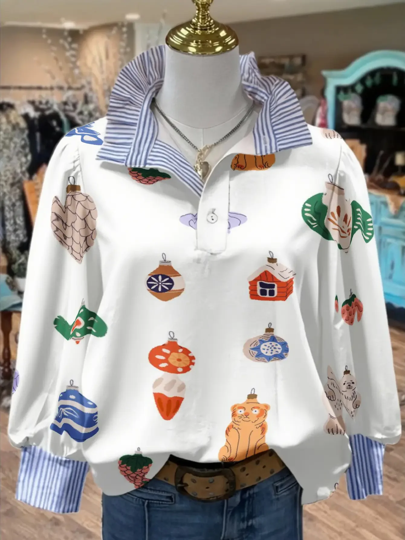 Women's striped personalized fashion shirt, multi-color striped collar, Colorful checkered patchwork clothing