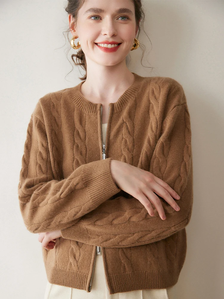 Yoyoselect Damski Kardigan z Kaszmiru 100%, Płaszcz, Okrągły Dekolt, Zapinany na Zamek, Krótki Sweter, Dzianina, Jesienno-Zimowy Gruby Sweter z Wzorem w Warkocze