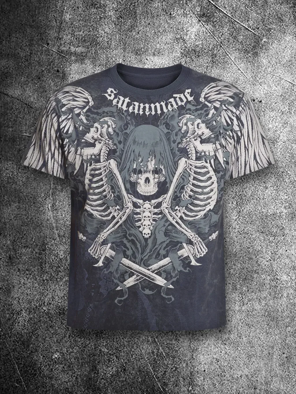 Gothic Dark Heavy Metal Style T-shirt with Winged Skull and Cross Sword Pattern Suitable for Concerts and Halloween
