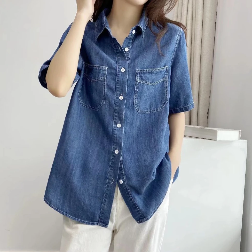 

Denim Blouses Women Single Breasted Shirts Casual Loose Turn Down Collar Y2k Streetwear Shirt Work Elegant Splice Tops 2025