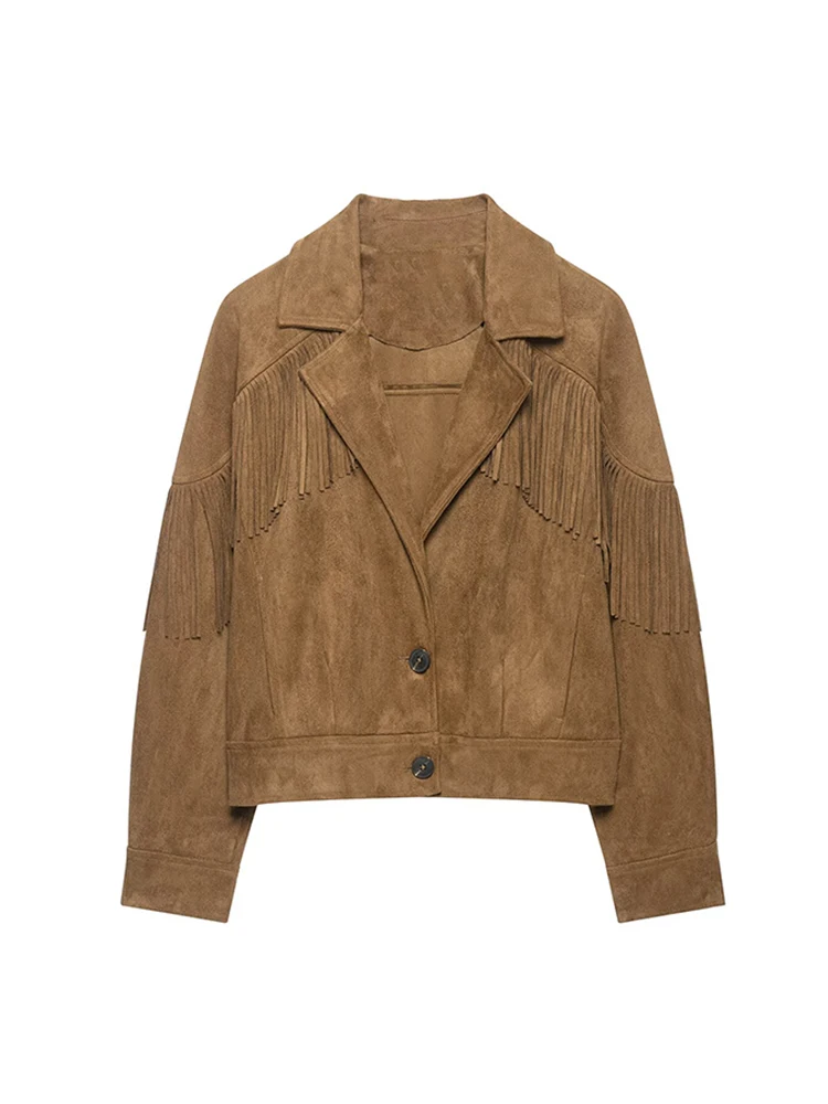 TFMLN Women's Fringe Suede Jacket Solid Chic Tassel Going Out Short Jackets Vintage Spring Autumn Leisure Outerwear Lady