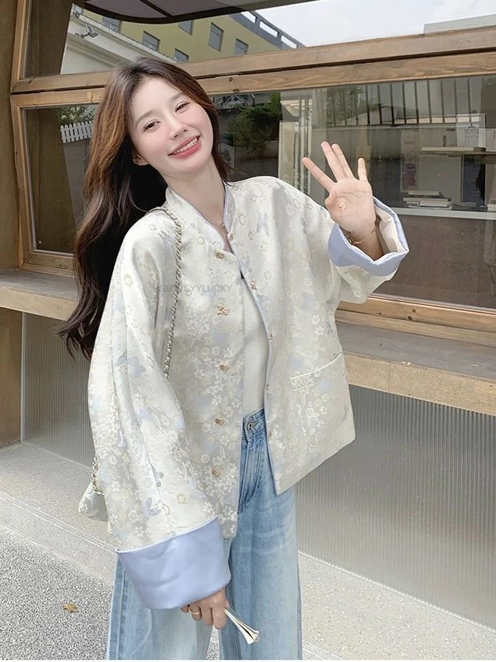 New Chinese Style National Satin Printed Splicing Coat   Women Spring  Autumn New  Fashion Short  Butterfly Top Vintage Coat