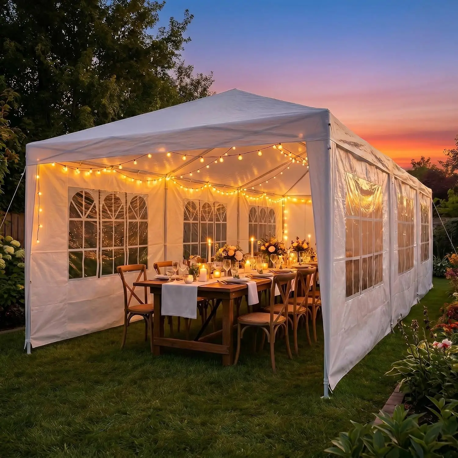 10x30 Party Tent, 300 Sq Ft Outdoor Canopy with 8 Removable Sidewalls, 2 Zipper Doors, 16 Ropes and 36 Stakes, Customized