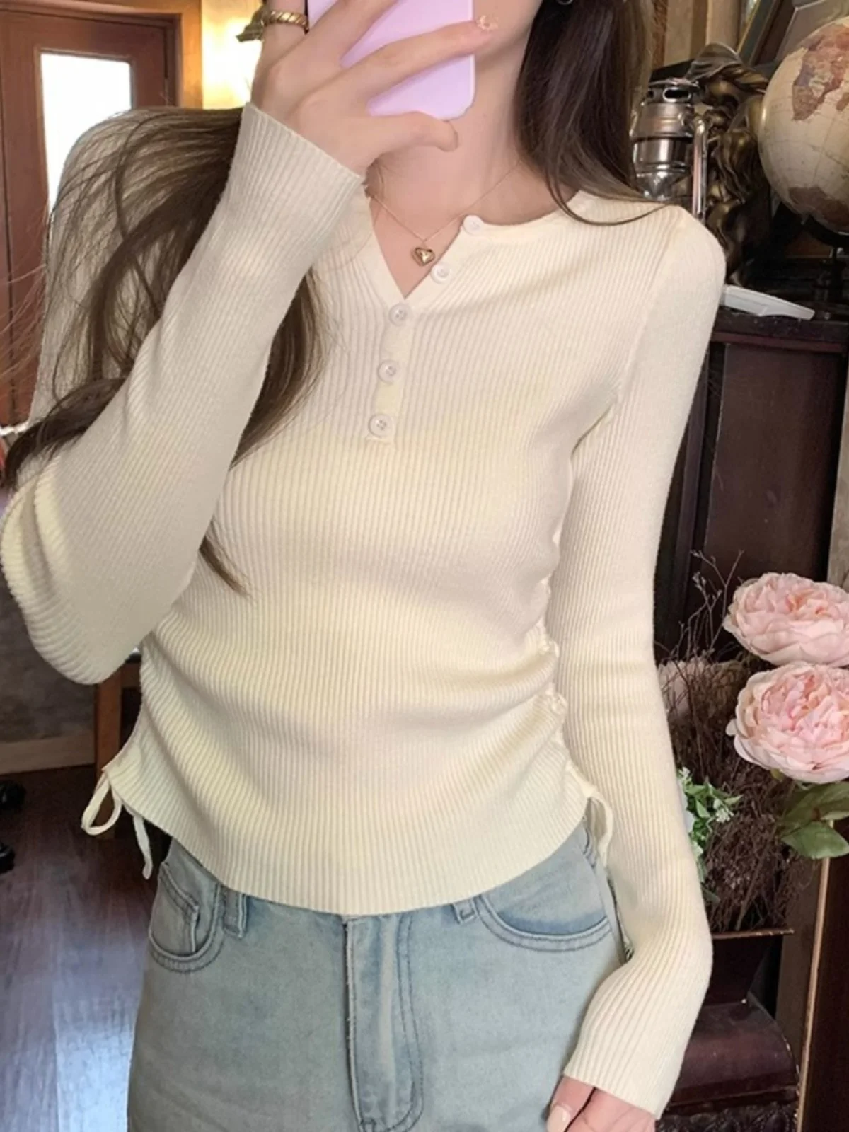 Women's Slim Fit V-Neck Knitwear Base Shirt Autumn Winter New Style Inner Wear Rope Drawstring Korean Style Long Sleeve Top
