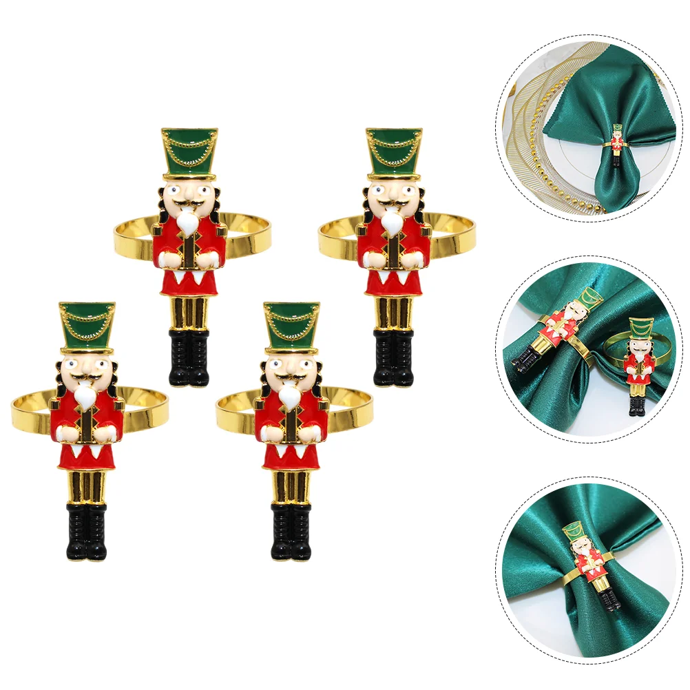 4 Pcs Metal Napkin Rings Nutcracker Decor Shaped Crackers Buckle Elegant Home Restaurant Adornment for Hotel Christmas