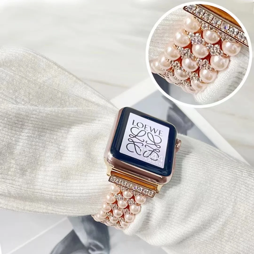Pearl+Metal Strap For Apple Watch 45mm 44mm 41mm 42mm 40mm 49mm Women Diamond High-end Band iWatch Ultra 8 7 6 5 4 3 SE Correa