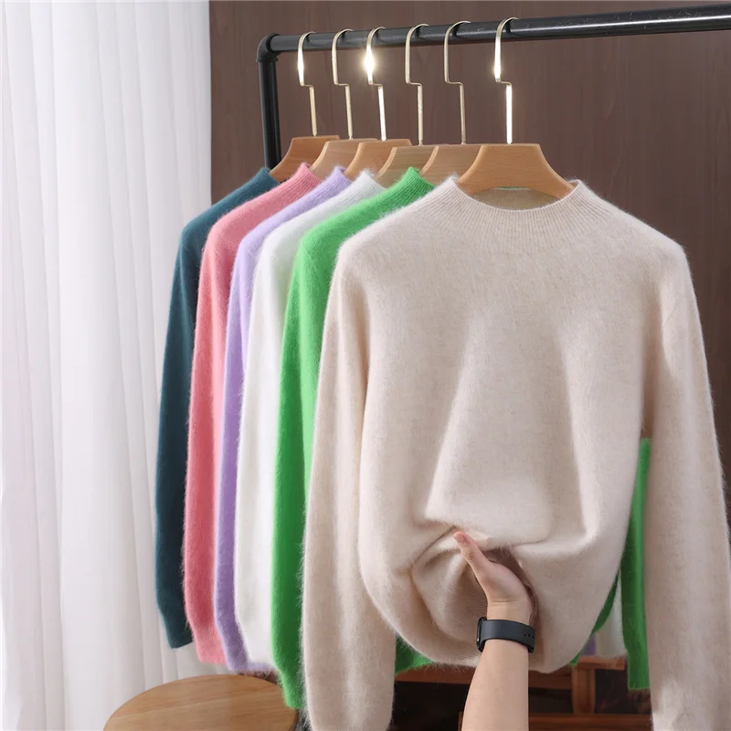 เสื้อผ้าผู้หญิงพื้นฐาน เสื้อสเวตเตอร์ไหมพรมฤดูใบไม้ร่วงฤดูหนาว ผ้าแคชเมียร์มิงค์แท้ 100% เสื้อสเวตเตอร์คอเต่าครึ่งตัว เสื้อไหมพรมผู้หญิง อุ่นสบาย