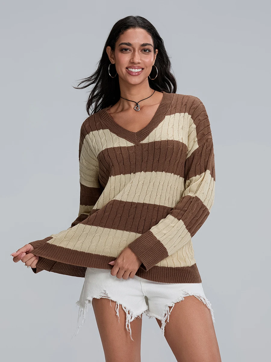 Women s Autumn Loose Sweaters Stripe Print V-Neck Long Sleeve Knitwear Classic Knit Tops