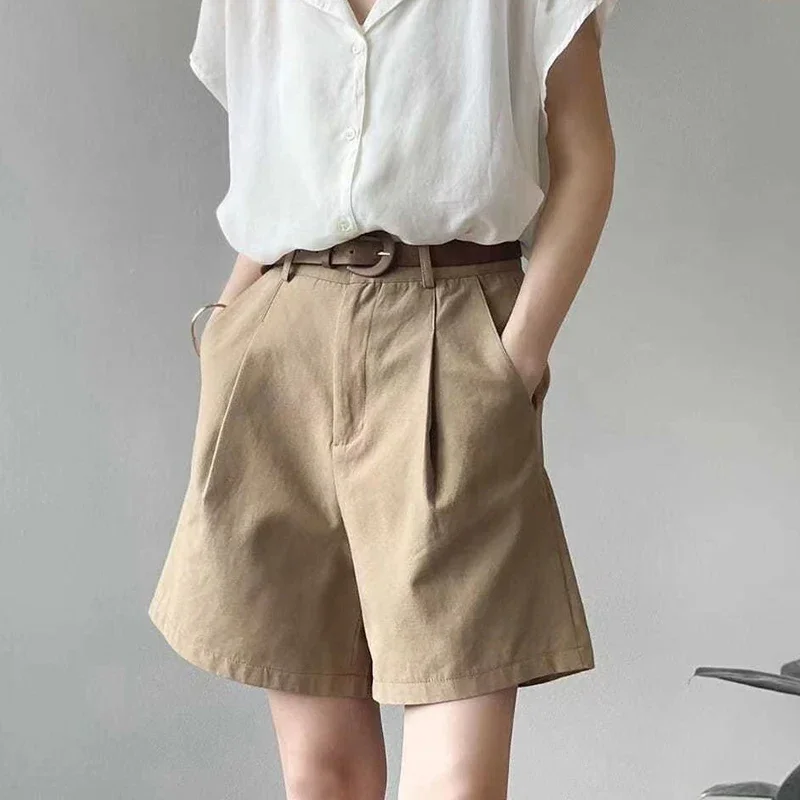 Rimocy New Wide Leg Shorts for Women 2025 Summer Thin High Waist A Line Short Pants Woman with Belt Loose Office Ladies Shorts