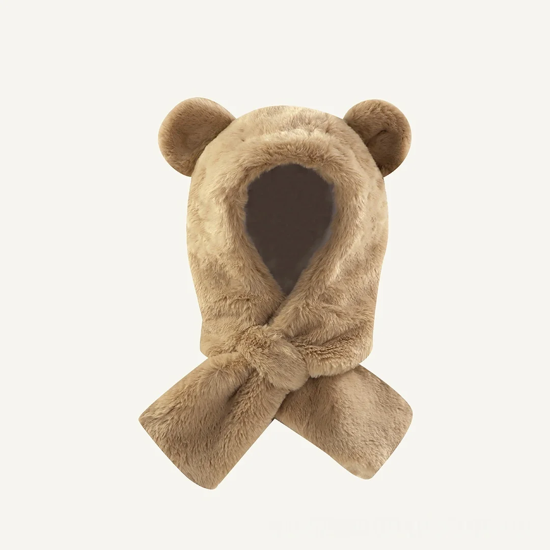 

Kids Cartoon Bear Ear Plush Hat Scarf Baby Girls Boy Caps Soft Warm Fleece Material Winter Outdoor Daily Children Mask Headwear