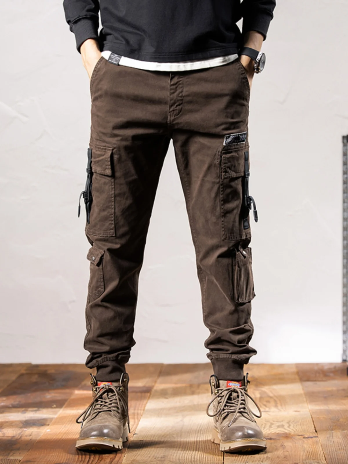 

New Autumn Paratrooper Workwear Pants Men's Trendy Coffee Color Loose Straight Casual Trousers Youth Full Length Cuffed