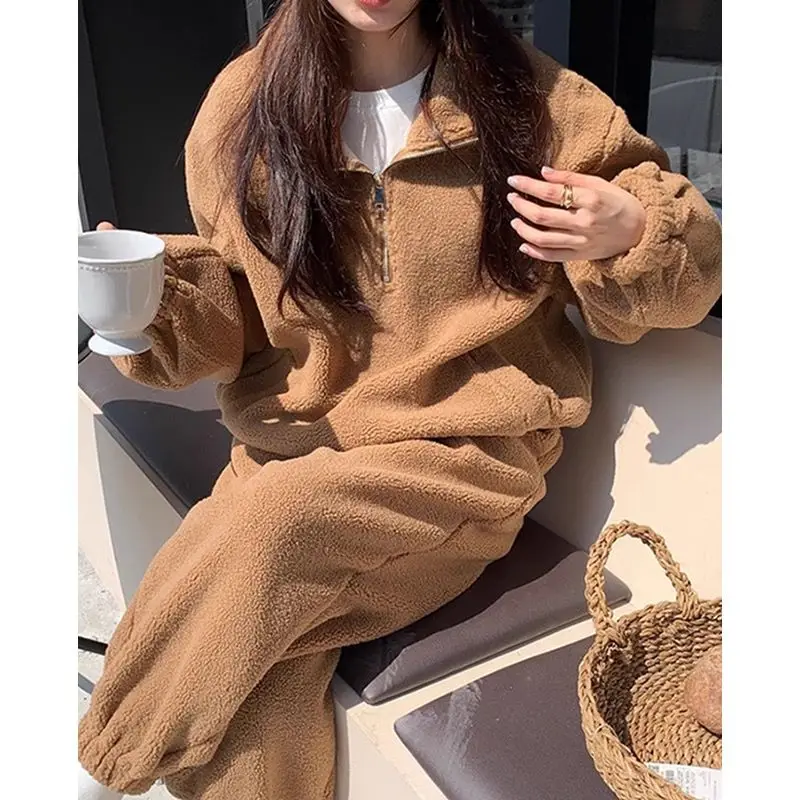 2023 Korean Spring Autumn Retro Lamb Fleece Standing Neck Zipper Drawstring Sweater+Elastic Waist Strap Casual Pants Set