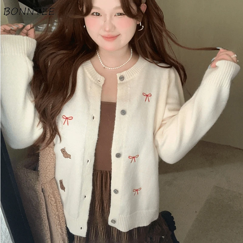

Knitted Cardigan Women Lovely Bow Animal Embroidery All-match Age-reducing Temper High Street Korean Style Soft Single Breasted