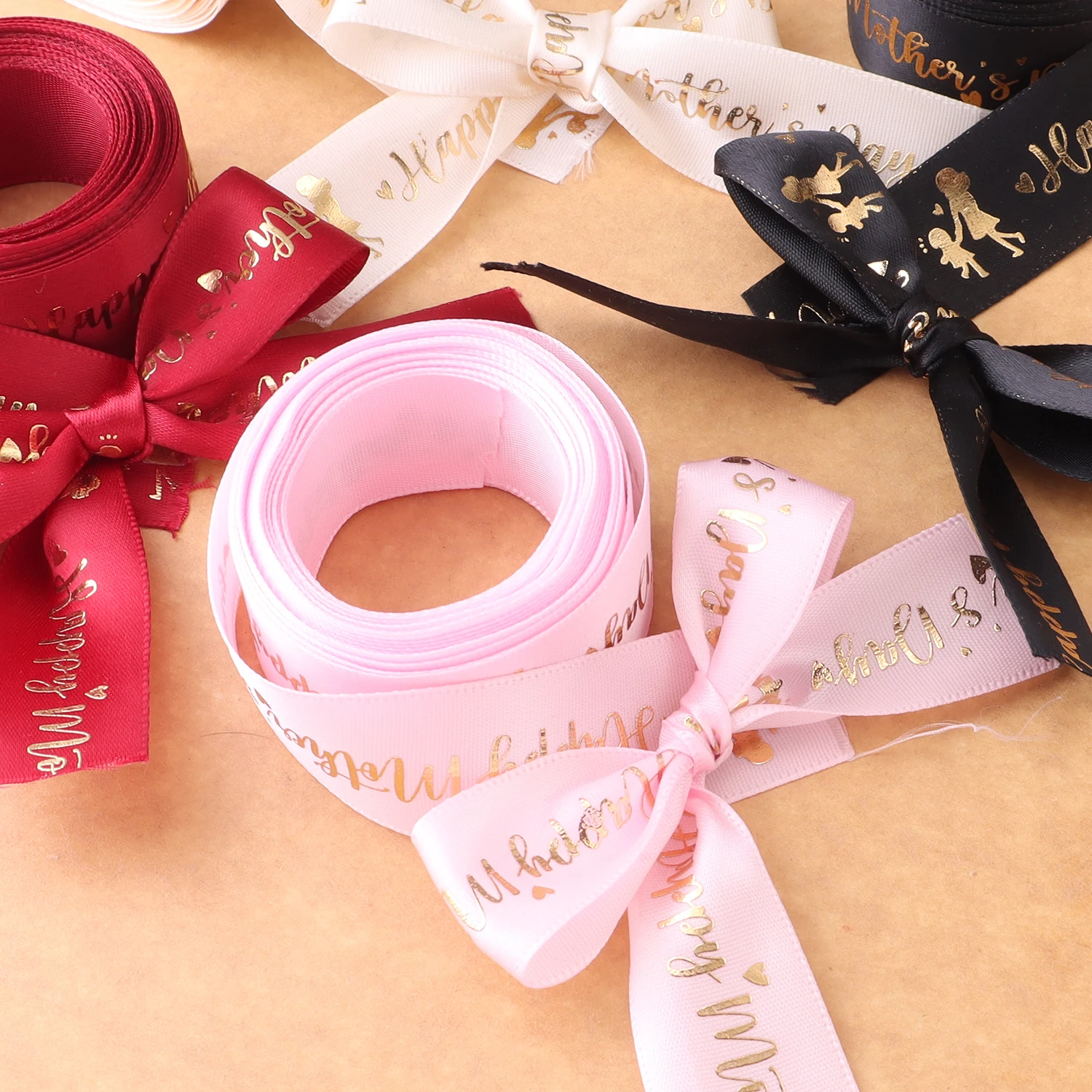 5 Yards Happy Mother\'s Day Ribbon, Pink Red Ribbon for Gift Wrapping, Satin Ribbon for Flower Bouquet Moms Birthday Day Thank