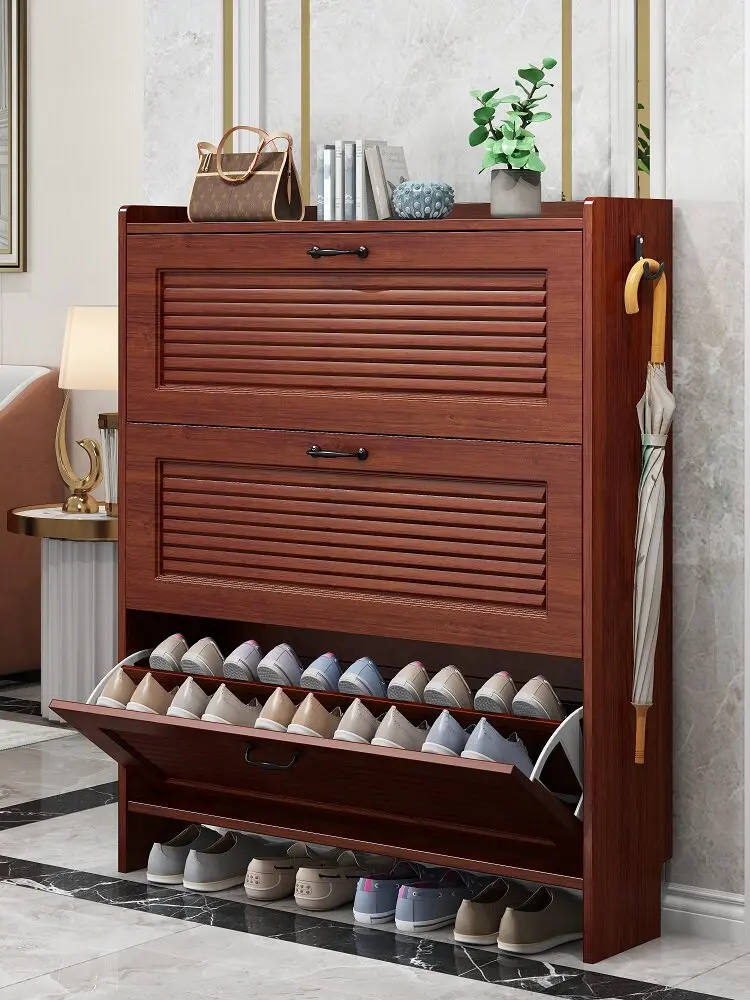 New Chinese ultra-thin tipping bucket shoe cabinet, indoor entry solid wood color simple shoe rack at the door of the home