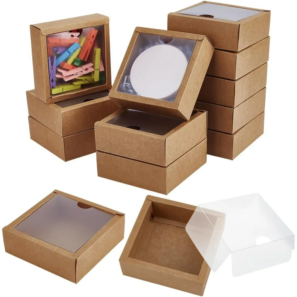 

20 шт. квадратные бумажные коробки с окном из ПВХ 3,9x3,9x1,38 дюйма, бумажная подарочная упаковка для свадебного подарка, фестивальный подарок