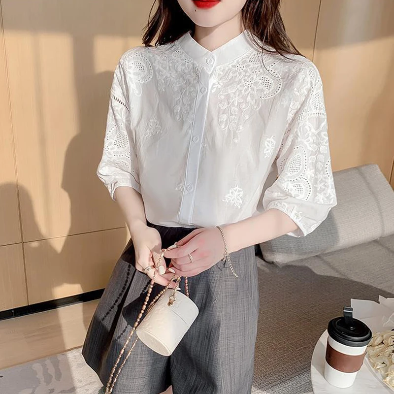 Summer Korean Fashion Vintage Embroidery White Button Up Shirt for Women Casual Chic Sweet Short Sleeve Blouse Top Female Blusas