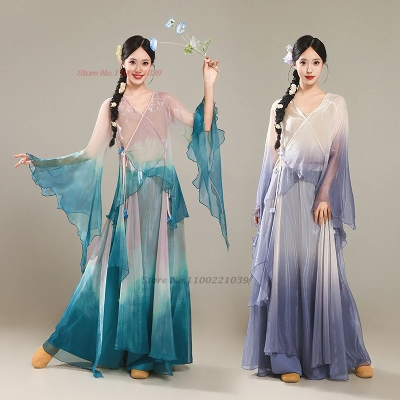 

2026 chinese traditional hanfu dress retro folk dance costume stage performance dress retro gradient color hanfu tops+pants set