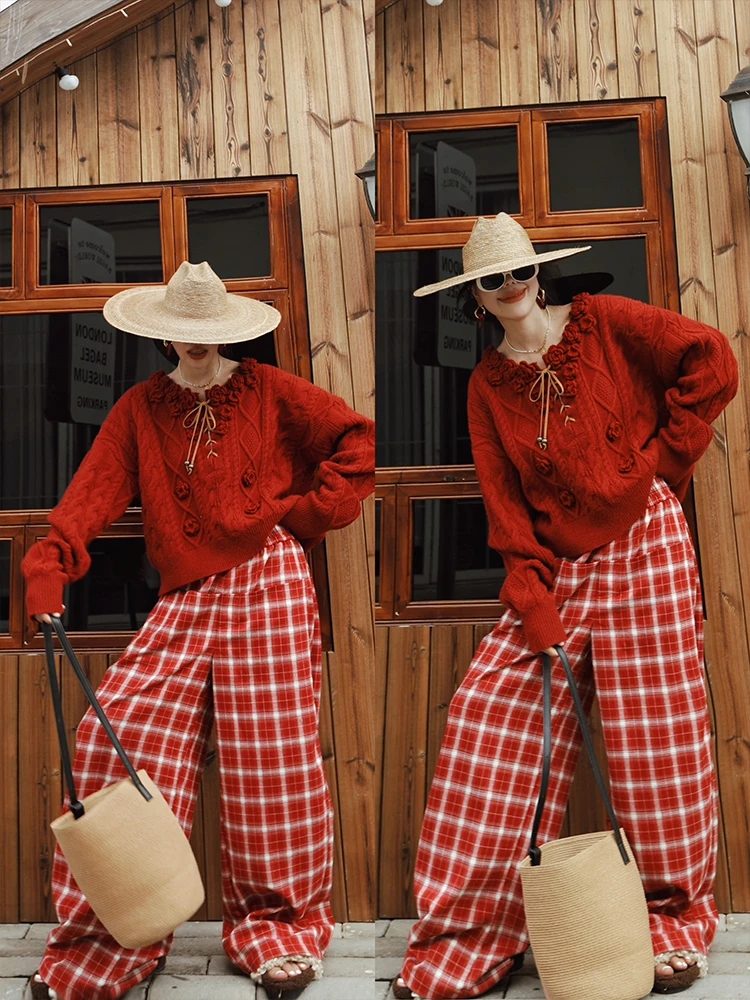 TIYIHAILEY pantalones largos de pierna ancha para mujer Otoño Invierno pantalones con bolsillos cintura elástica Casual a cuadros señoras 2025 moda rojo