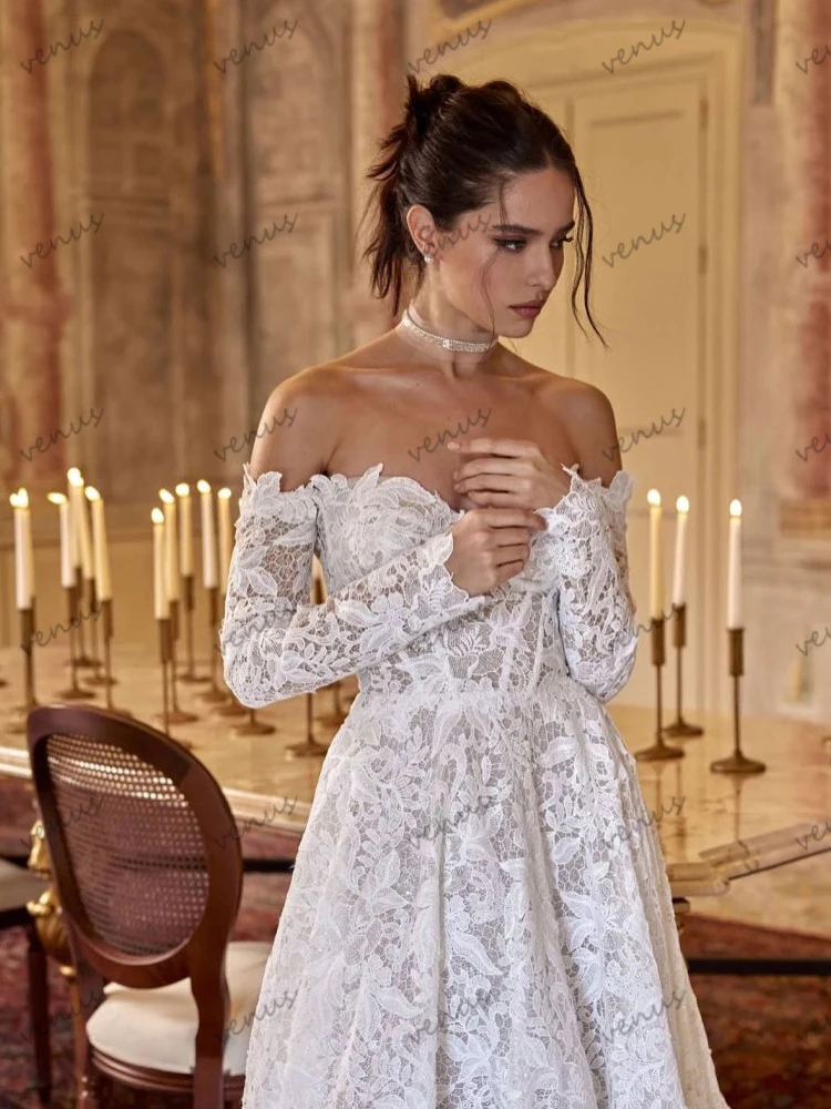 فساتين زفاف رائعة A Line فساتين زفاف براقة دانتيل زينة قبالة الكتف رداء Vestidos De Novia مخصص 2025