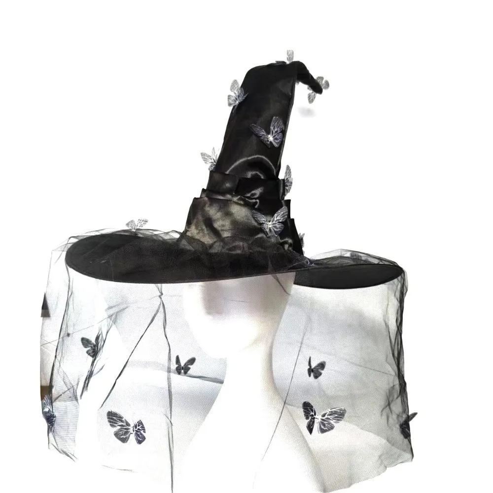 

Funny Halloween Witch Hat Colorful Party Props Butterfly Wizard Cap Cosplay Accessories Halloween Cap with Veil Women Men