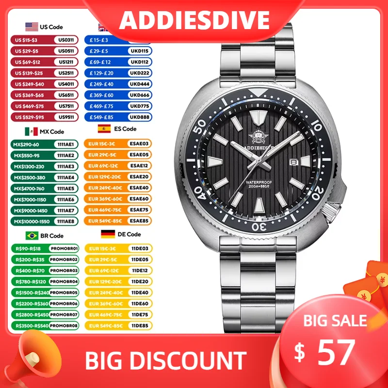 

ADDIESDIVE Japan 2115 Quartz Watches Luxury AD2507 Stainless Steel BGW9 Luminous Waterproof 200m Men Watch Sapphire Reloj Hombre