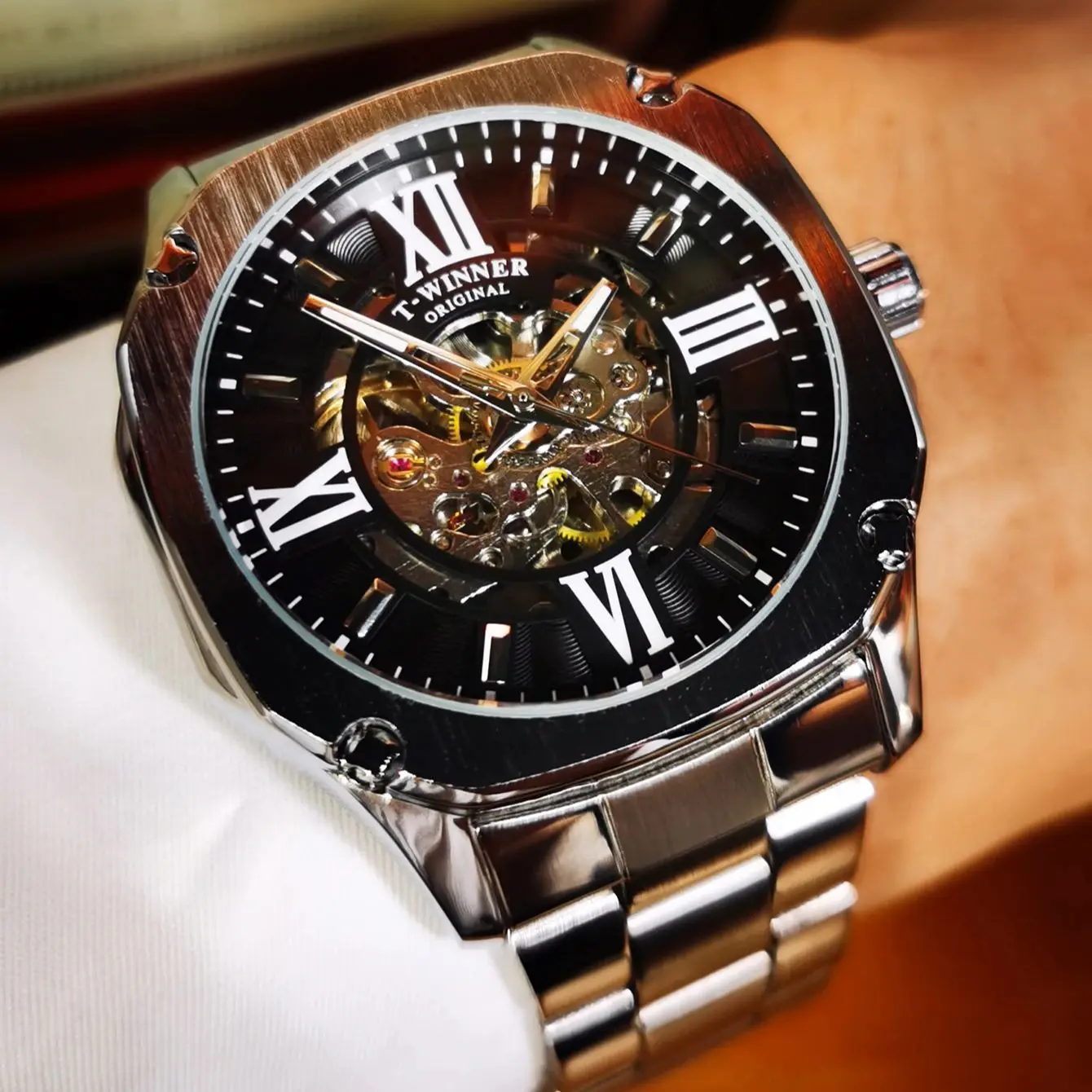 

Мужские механические часы-скелетоны с люминесцентными стрелками, квадратные, модные, автоматические, с ремешком из нержавеющей стали, класса люкс