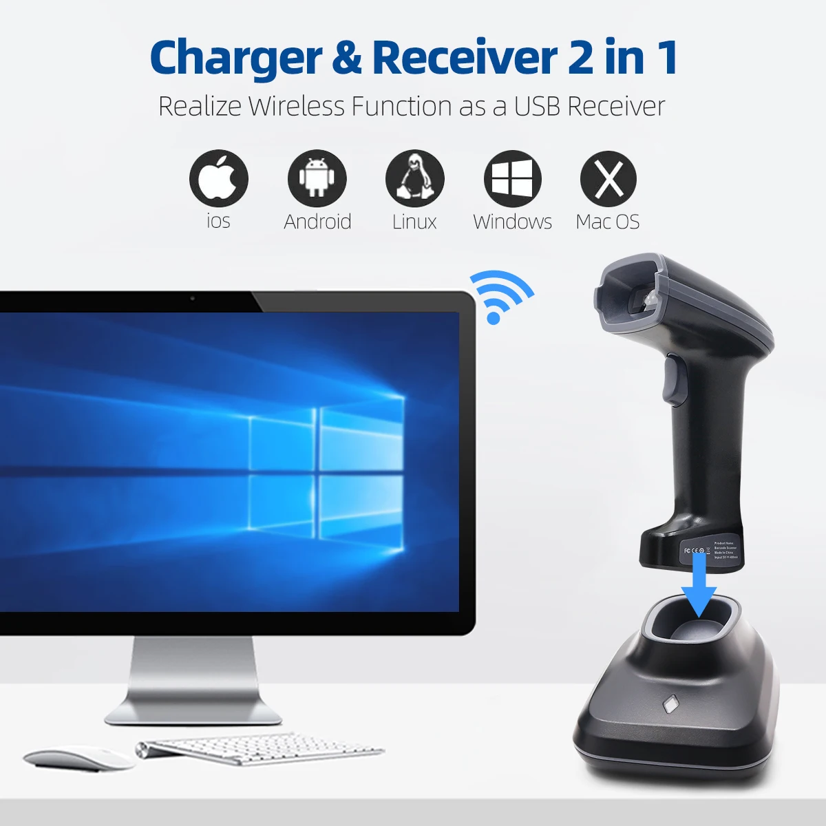 WHS-23 for Bluetooth 2D Barcode Scanner with Rechargeable Base USB & COM Interface in Stock