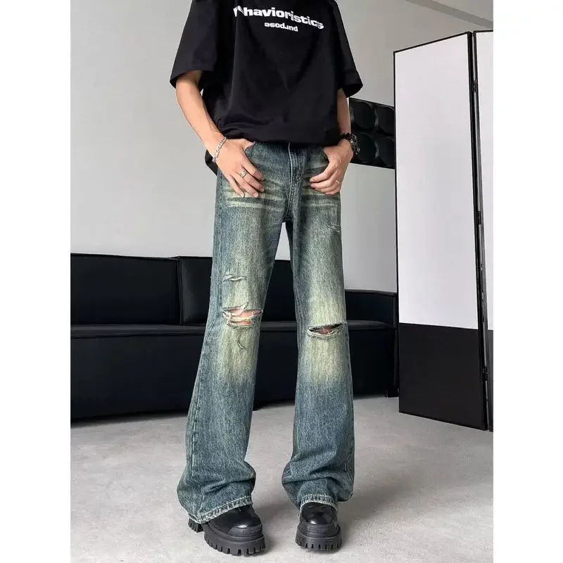 Juspinice Summer Hole Washed Jeans Men Harajuku High Street Baggy Wide Leg Straight Denim Pants Gothic Distressed Jean Trousers