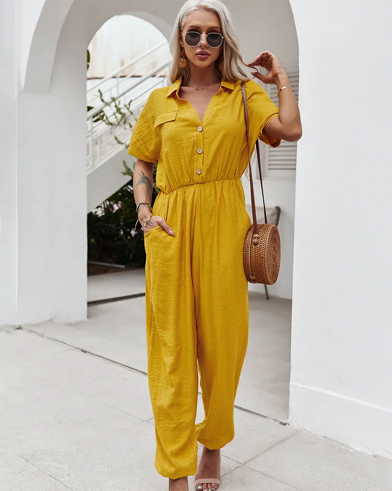 

2024 Woman Bohemian Jumpsuits Sexy V Neck Streetwear Blue Yellow Solid Colors Short Sleeve Jumpsuits Plus Size Clothes Aesthetic