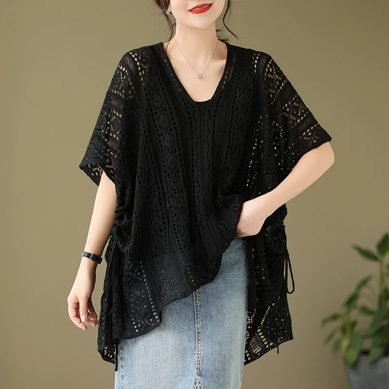 플러스 사이즈 v 넥 속이 빈 니트 여성 여름 루즈 한 겉옷 트렌디 탑 캐주얼 편안한 통기성 반팔