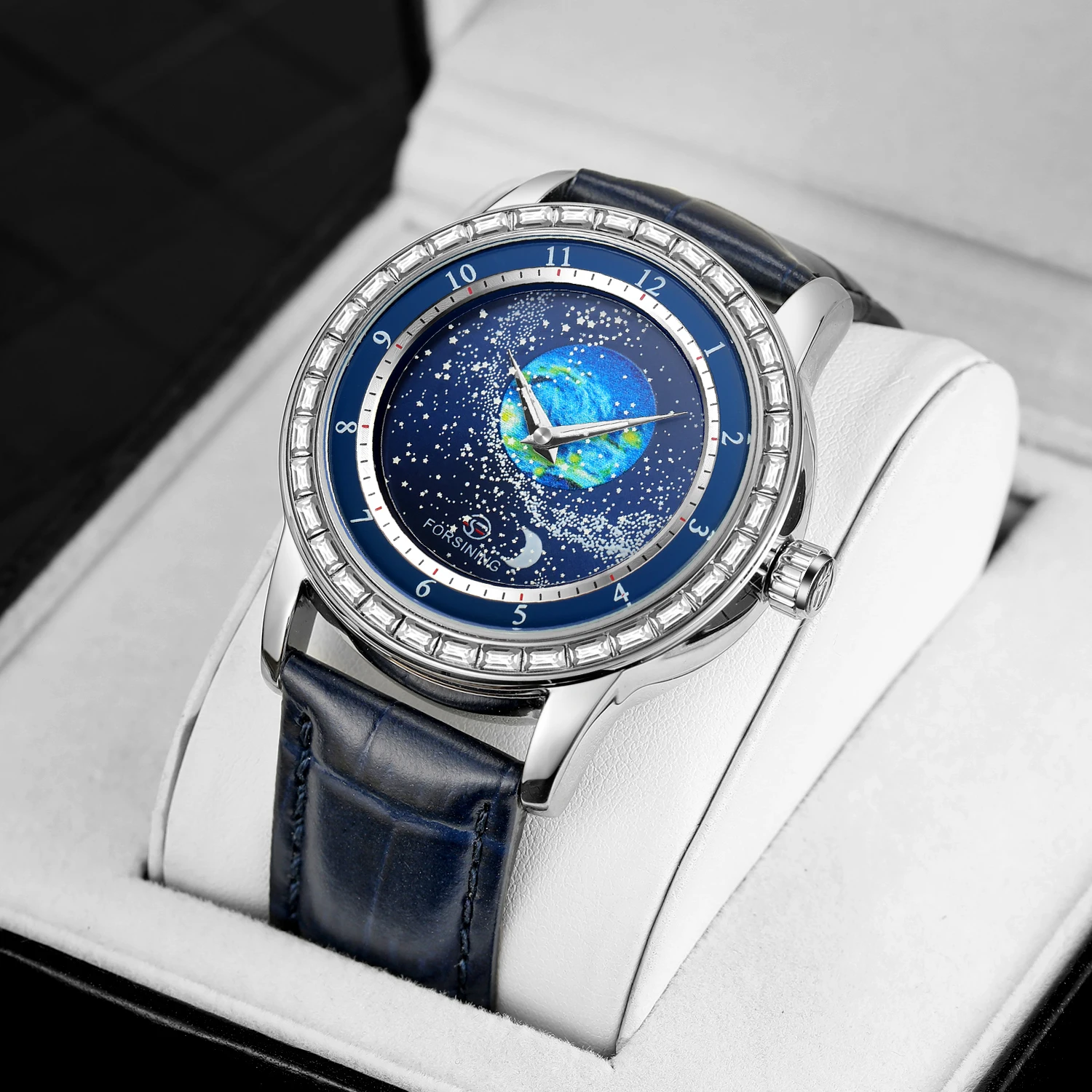 FORSINING-reloj mecánico automático para hombre, diseño Earth Star Moon, con diamantes, cinturón auténtico, resistente al agua, para negocios, 2024