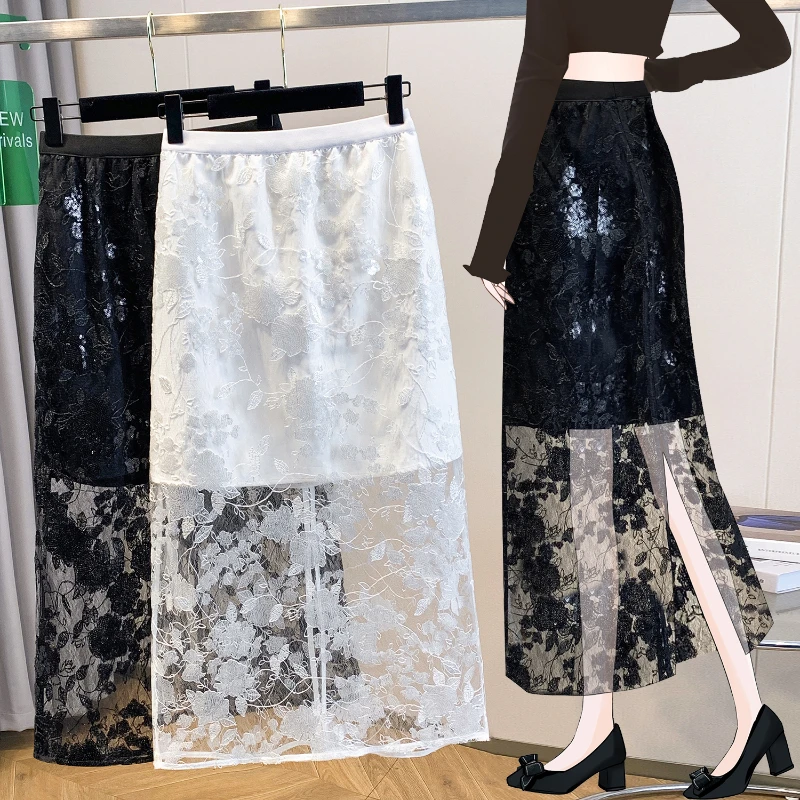 

Plus Size Women's Clothing for 2025 Summer New Woman Skirts Lace A-Line Lady Sexy Skirt Loose Patchwork Female Bottom KE7616