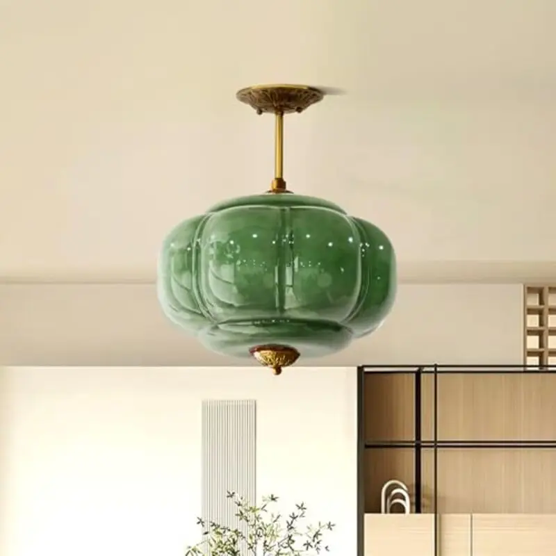 

French Luxury Glass Pendant Lights Retro Green Round Glass Chandeliers American Homestay Home Decor Copper Nordic Hanging Lights