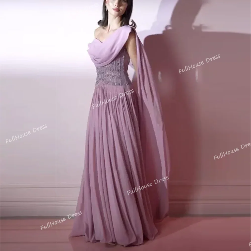 Gaun Malam Wanita Model Satu Bahu Bahan Sifon Lipit, A-line dengan Hiasan Manik-Manik, Panjang Lantai, Tali di Belakang, untuk Pesta dengan Model Court