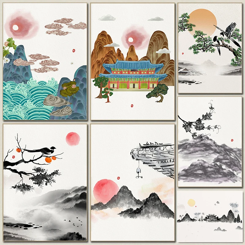 Image of Koreanische Kunst Traditionelle Klassische Landschafts-Tuschmalerei Poster Minimalistische Ästhetische Leinwandmalerei Wandkunst Bilder Heimdekoration