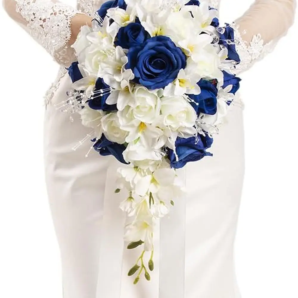 

Elegant 10 Royal Blue & Ivory Artificial Bridal and Bridesmaid Bouquets for Wedding Decor