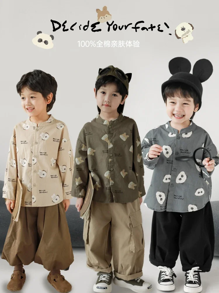 Boys' 2024 New Long Sleeved Stand Up Collar Cartoon Shirt Autumn Children's Clothing Loose Versatile Pure Cotton Top